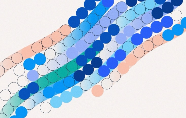 Abstract graphic of diagonal bands formed from overlapping circles in blue, green, and peach tones.