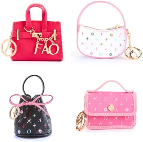FAO Schwarz Kids Mini Handbag 4-Pack, Clip-On Purse Charms & Coin Pouches | 4 Designer-Inspired Mini Handbags with Functional Storage & Gold-Tone Clips, Coins Accessories & Small Essentials, Girls Gift